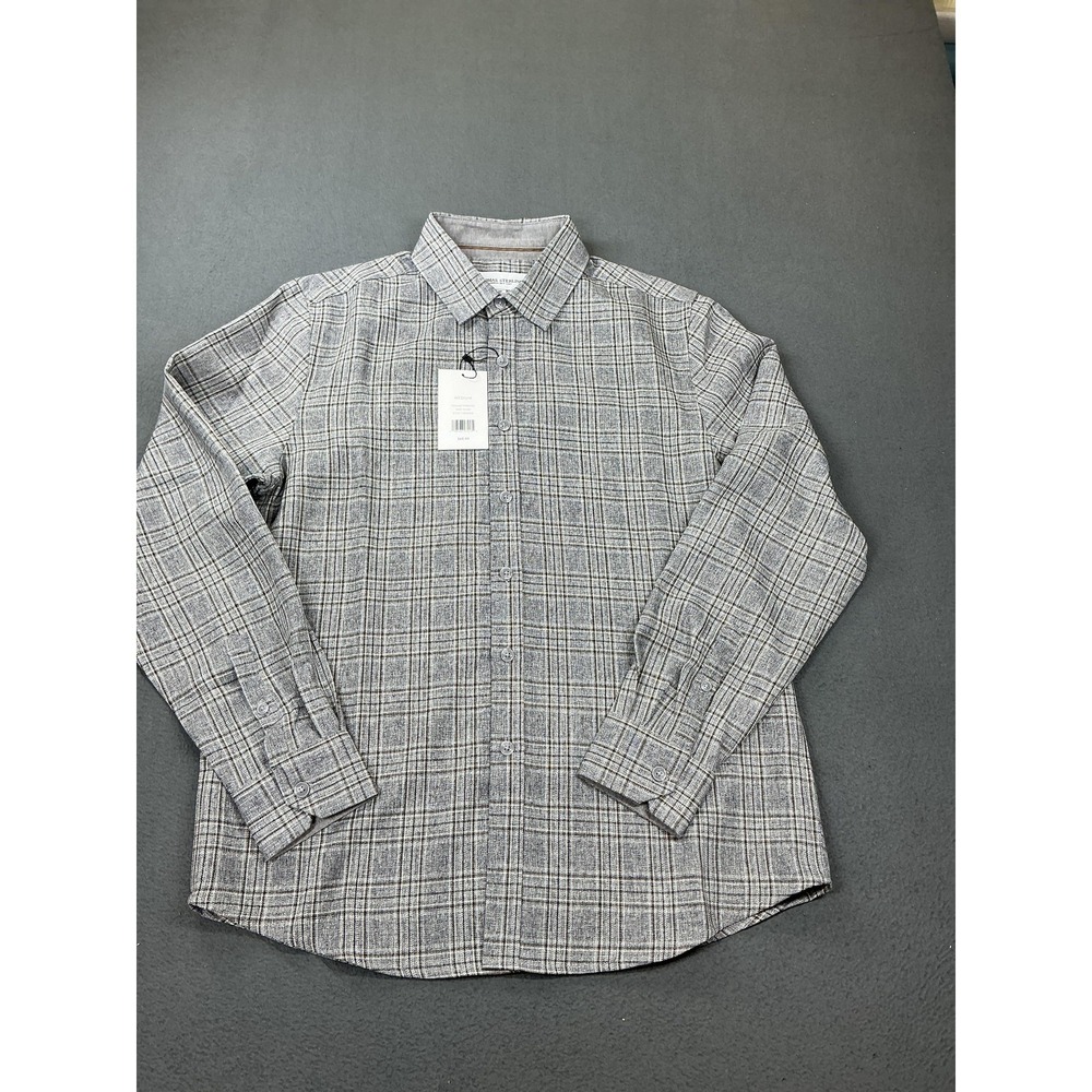 Thomas Sterling Shirt Mens Medium Gray Khaki Plaid Long Sleeve Button Up Stretch